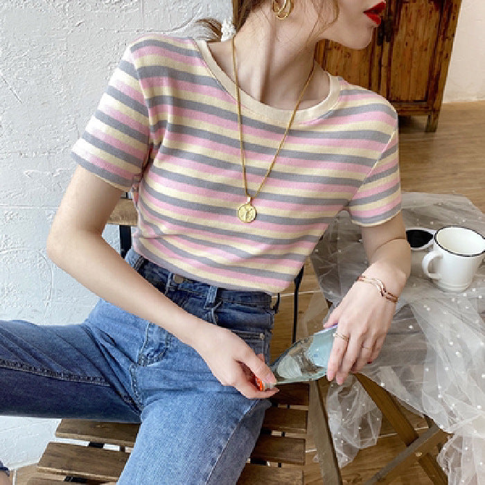 Stripe Short Sleeve T-Shirt - pink