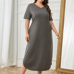 Plus Size Pocketed V-Neck Short Sleeve Lounge Dress - Dark Gray