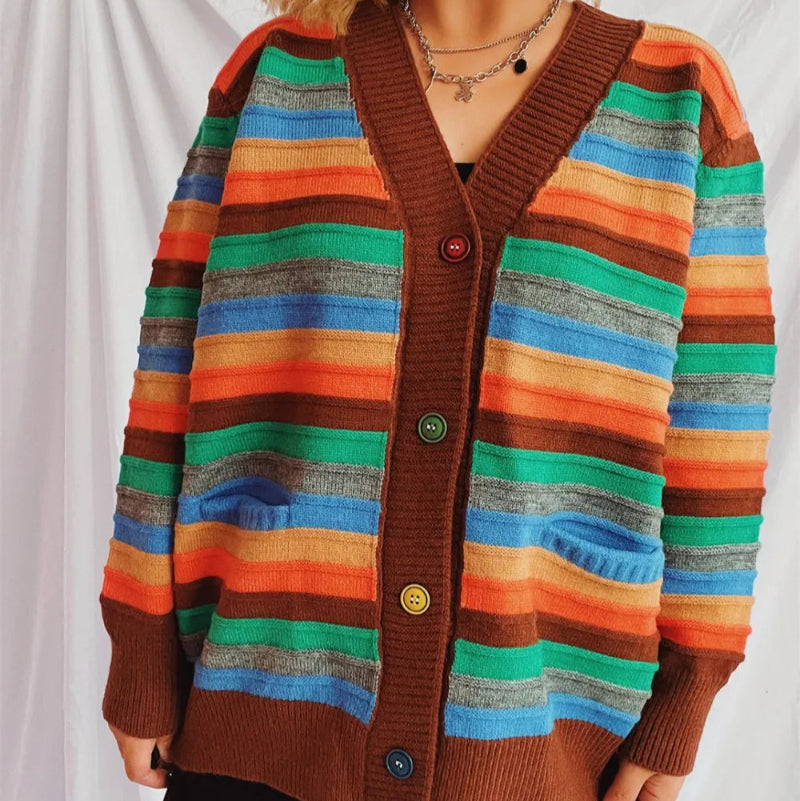 Contrast Stripes Button Up Long Sleeve Cardiganrunwayfashonista.com