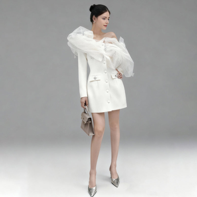 Mesh Cloud Shoulder Diamond Pendant Mini Dress
