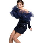 Mesh Cloud Shoulder Diamond Pendant Mini Dress