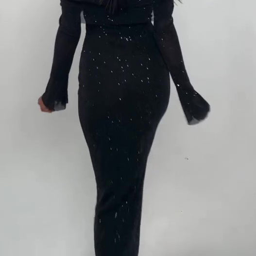 Off-Shoulder Maxi Dress With Glitter Detail And Mesh Sleeves - black