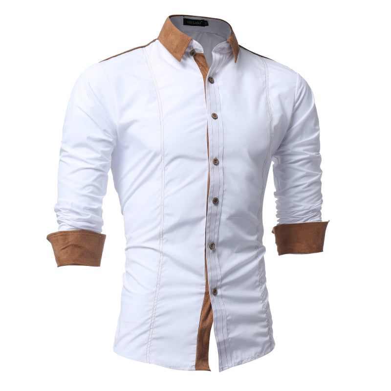 White, Black & Navy Slim-Fit Faux-Suede Contrast-Collar Button-Front Long-Sleeve Dress Shirt