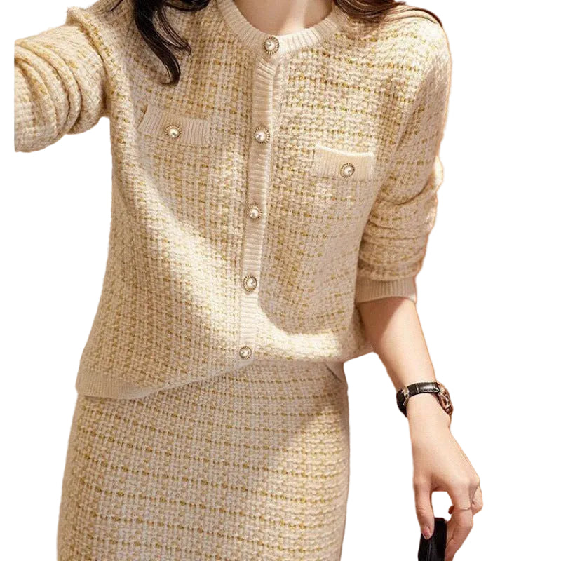Textured Button-Front Jacket and Skirt Set - beige