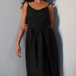 V-neck Suspender Split Midi Dress - black