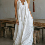 Casual Sleeveless Loose Fit Vest V-neck Maxi Dress With Front Pockets - white