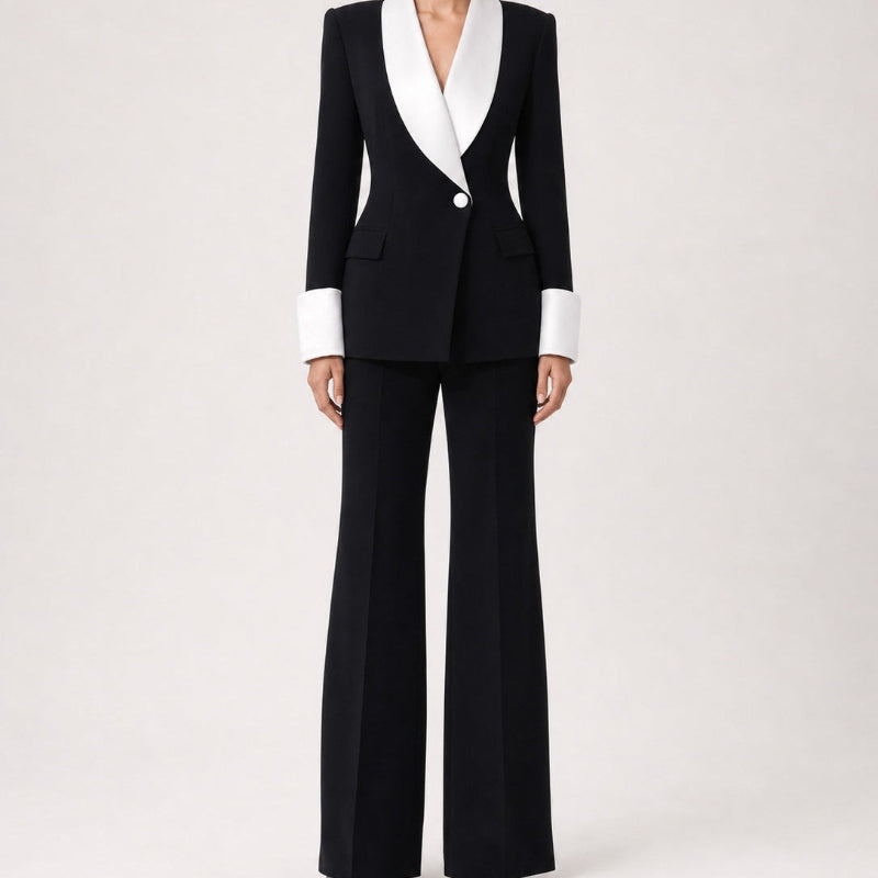 Contrast-Lapel Blazer and Flared Pants Suit