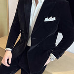 Peak Lapel Double-breasted Velvet Two-piece Suit - black