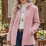 Stand Collar Zip-Up Fleece Jacket - pink