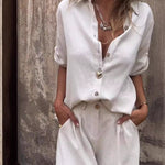 Lapel Button Shirt Top And Pocket Shorts - white