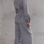 Light Grey V-Neck Asymmetrical Button Top & Wide-Leg Pants Set - grey