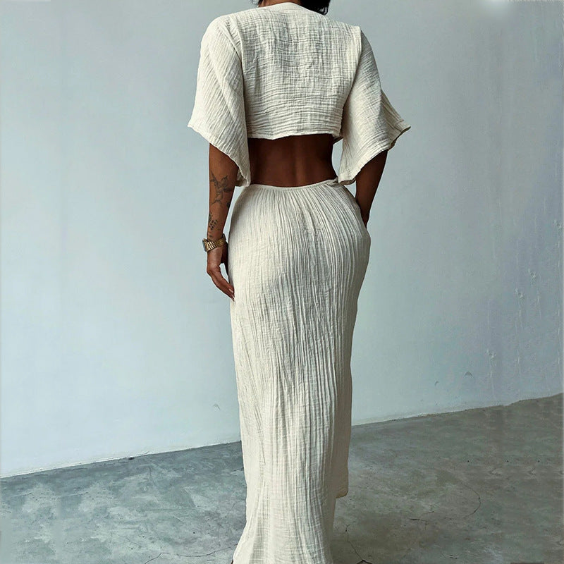 Slim Fit Midriff Outfit V-neck Maxi Dress - white