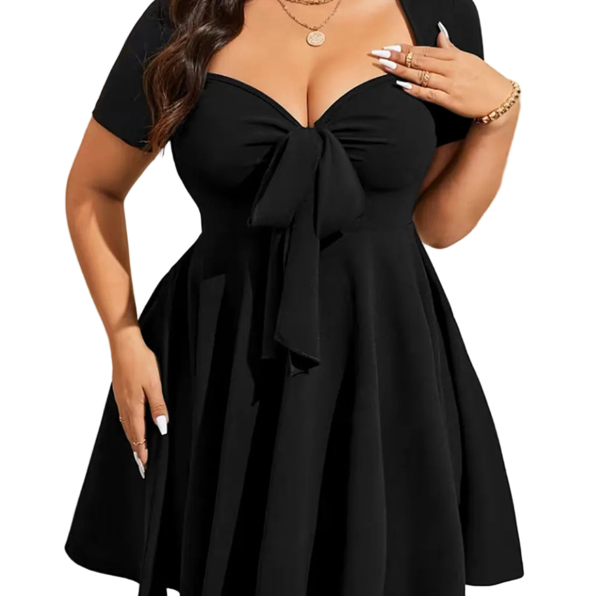 Black Tie Front Short Sleeve A-Line Mini Dress