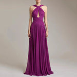 Twist Halter Keyhole Cross Ruched Chiffon Floor Length Evening Maxi Dress