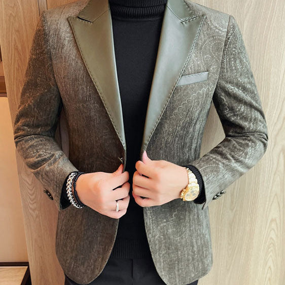 Jacquard Velvet Leather Lapel Men's Blazer