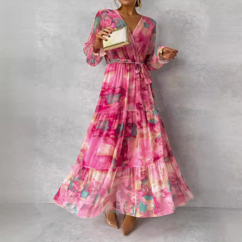 High-waisted Big Swing Chiffon Maxi Dresses - Rose Red