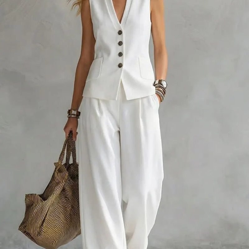 Two-piece V-Neck Sleeveless Vest And Wide Leg Pants - white