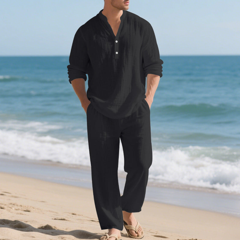 V-Neck Shirt And Long Pants Set - black