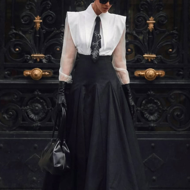 Black & White Oversized Shoulder Shirt & High-Waisted Maxi Skirt Set