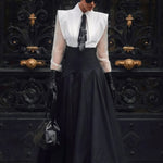 Black & White Oversized Shoulder Shirt & High-Waisted Maxi Skirt Set