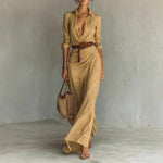 Belted Wrap-Drape Maxi Shirt Dress - khaki