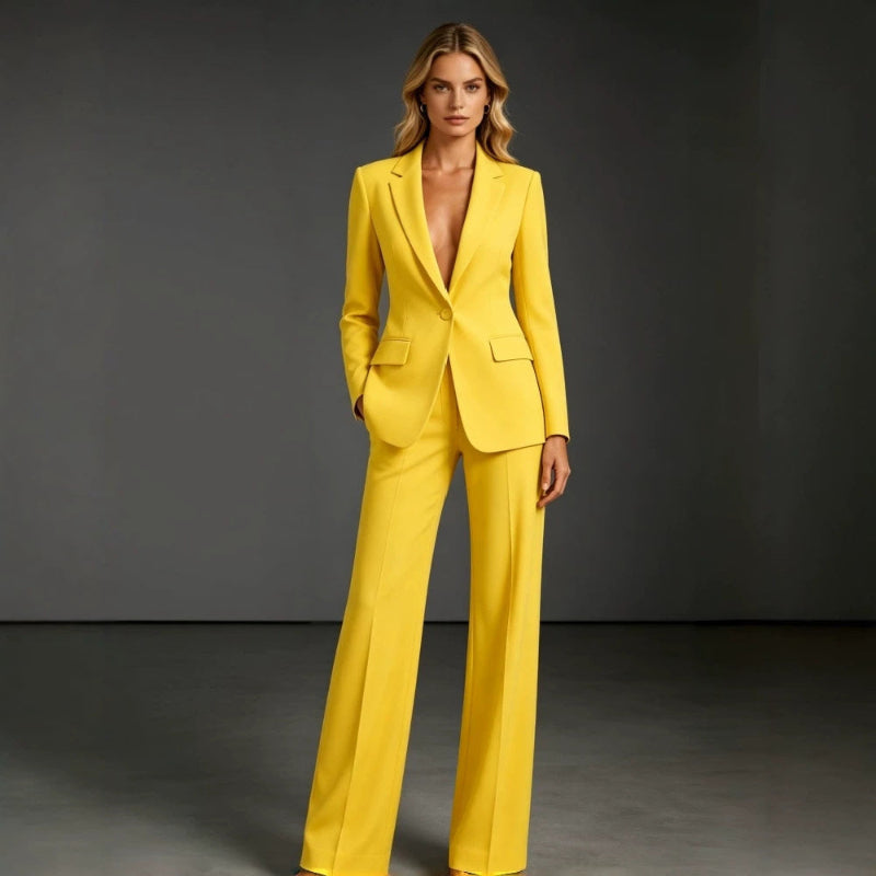 Slim Fit Blazer and Dress Pants Two Piece Office Suit - yellow