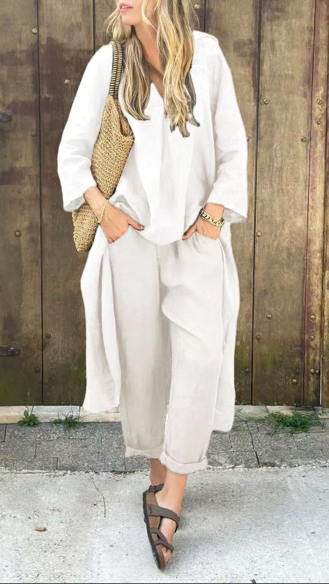 V-neck Long Top And High Waist Wide Leg Pants -white