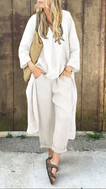 V-neck Long Top And High Waist Wide Leg Pants -white
