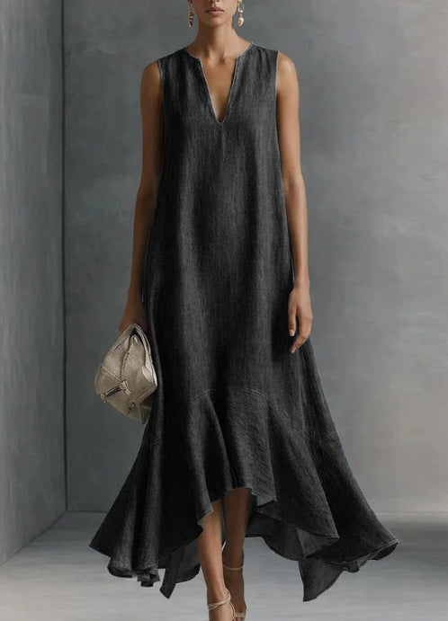Sleeveless V-Neck Asymmetric Hem Maxi Dress - black