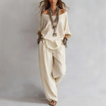 Three-quarter Sleeves Top And Loose Pockets Wide-Leg Pants Set - white