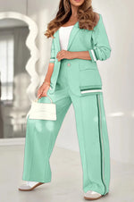 2 Pcs Set Long Sleeves Jacket Wide Leg High Waist Trousers Outfit - mint green