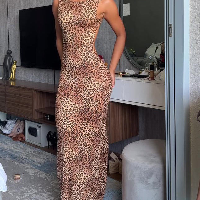 Backless Leopard Print Maxi Dress