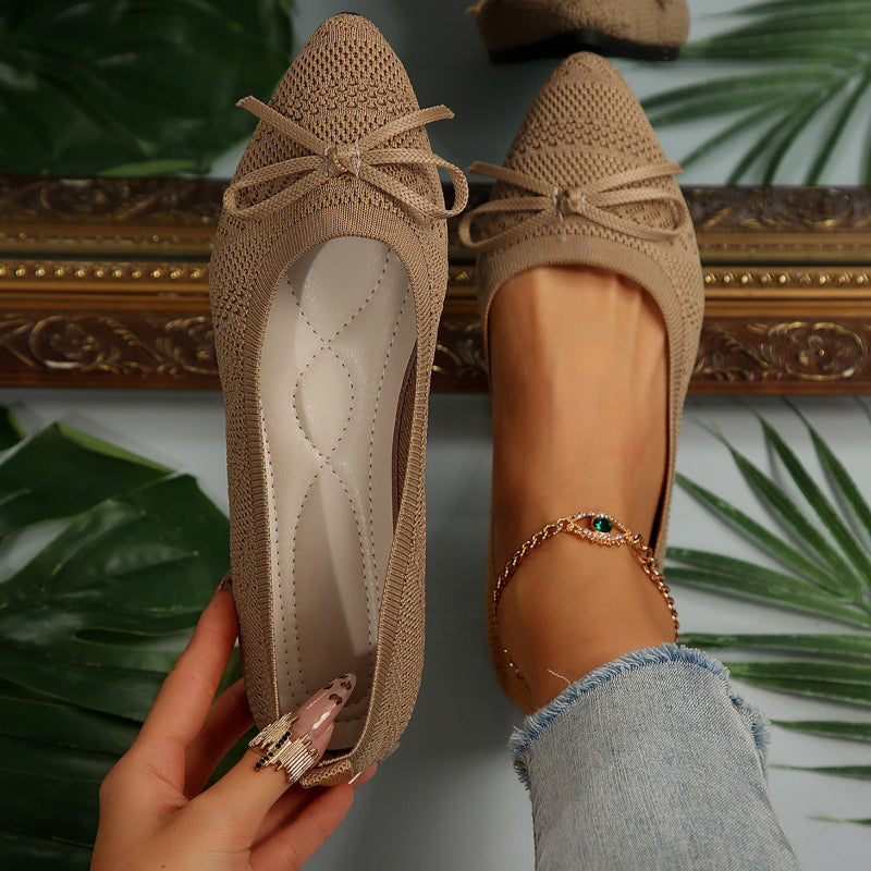 Bow Knitted Pointed-toed Flats Shoes - Khaki