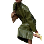 Faux Leather Batwing Zip Jacket & Fitted Midi Skirt Co-Ord - olive green