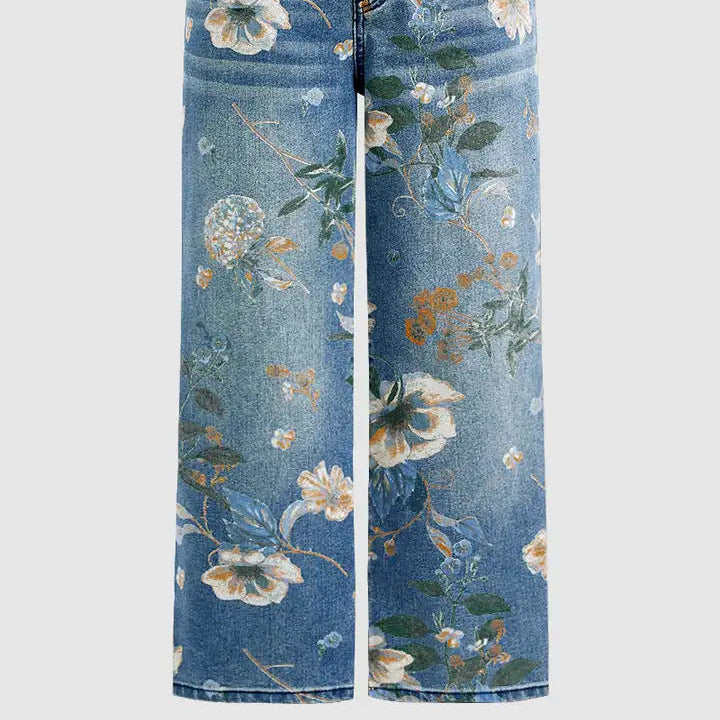High Waist Straight Leg Jeans Vintage Floral Print
