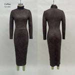 High Neck Long Sleeve Midi Dress - coffee