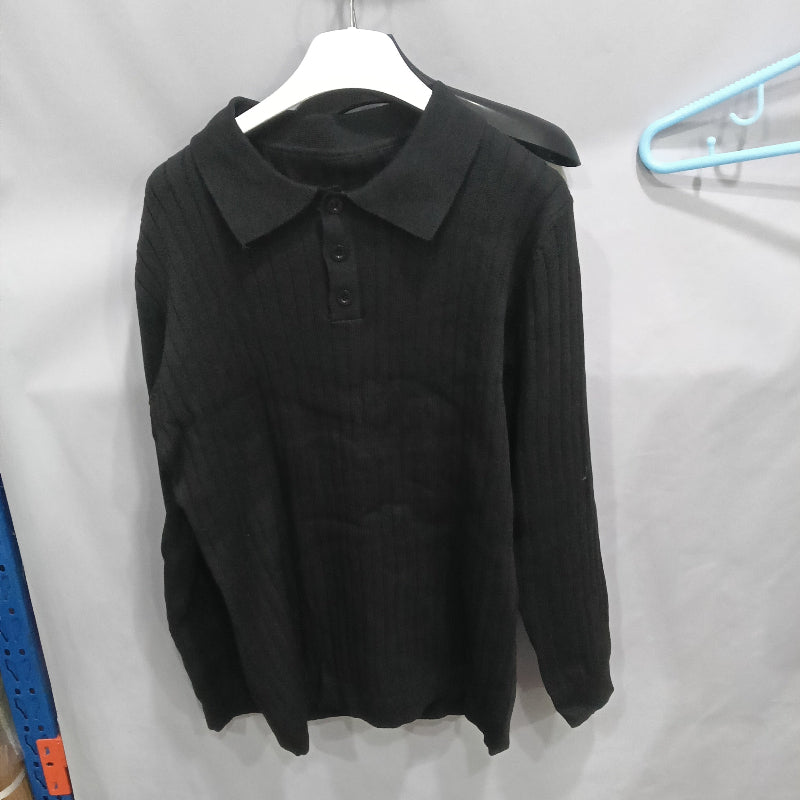 Men's Ribbed Long Sleeve Knit Polo Shirt - black