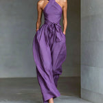 Linen Cross-Strap Wide-Leg Jumpsuit - purple