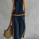 Round-neck Sleeveless Vest Top And High-waist Wide-leg Pants - navy blue