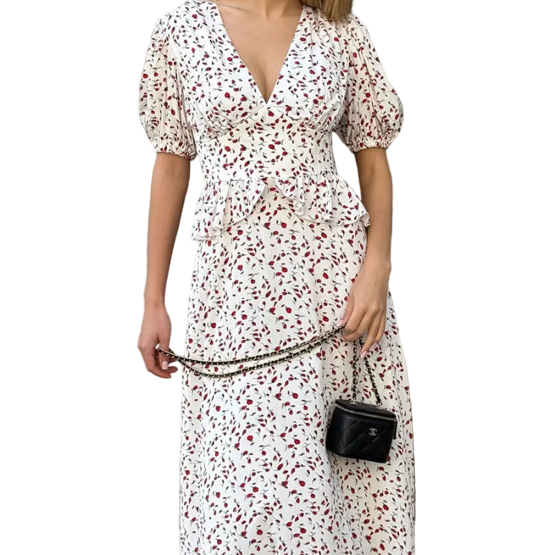 Ditsy Cherry Floral Flutter-Sleeve Ruffle Waist Maxi Dress
