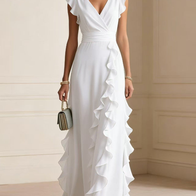 V-Neck Ruffle Maxi Dress - white