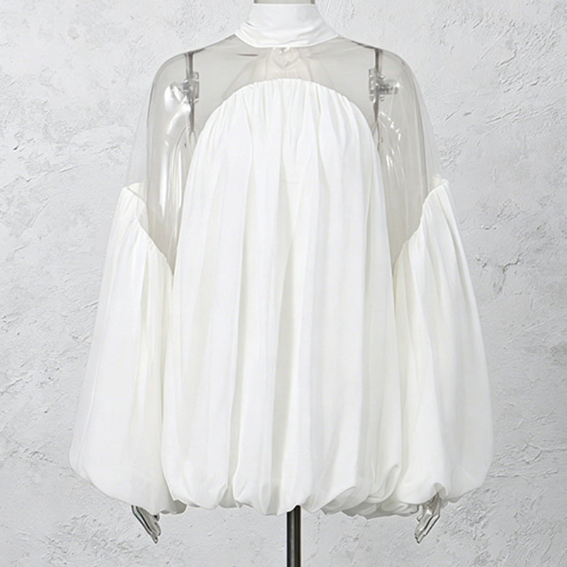 Detachable Choker Cold-Shoulder Balloon-Sleeve Bubble-Hem Mini Dress - white