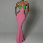 Colour Block Cut-Out Maxi Dress with Gold-Tone Details - pink