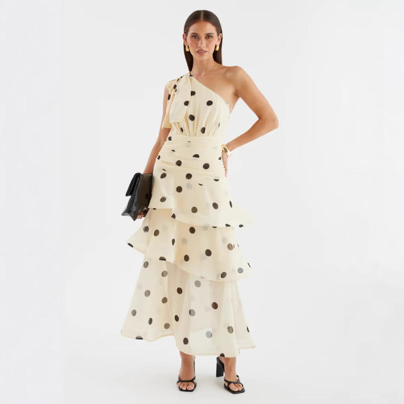 One-Shoulder Lace-Up Backless Large Polka-Dot Four-Tier Ruffle Chiffon Midi Dress — Apricot