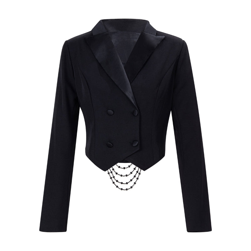 Black Backless Beaded Cropped Blazer & High Waist Pants Set