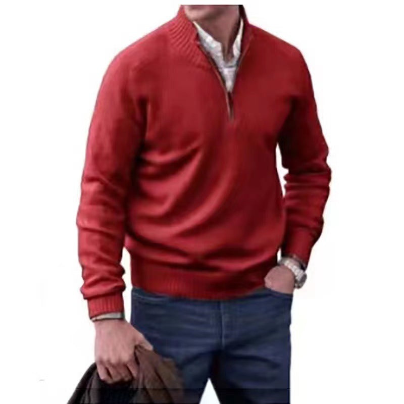 Zipper Stand Collar Knitted Sweater - red