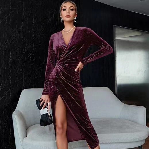 Long Sleeve Velvet Evening Midi Dresses