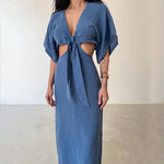 Slim Fit Midriff Outfit V-neck Maxi Dress - blue