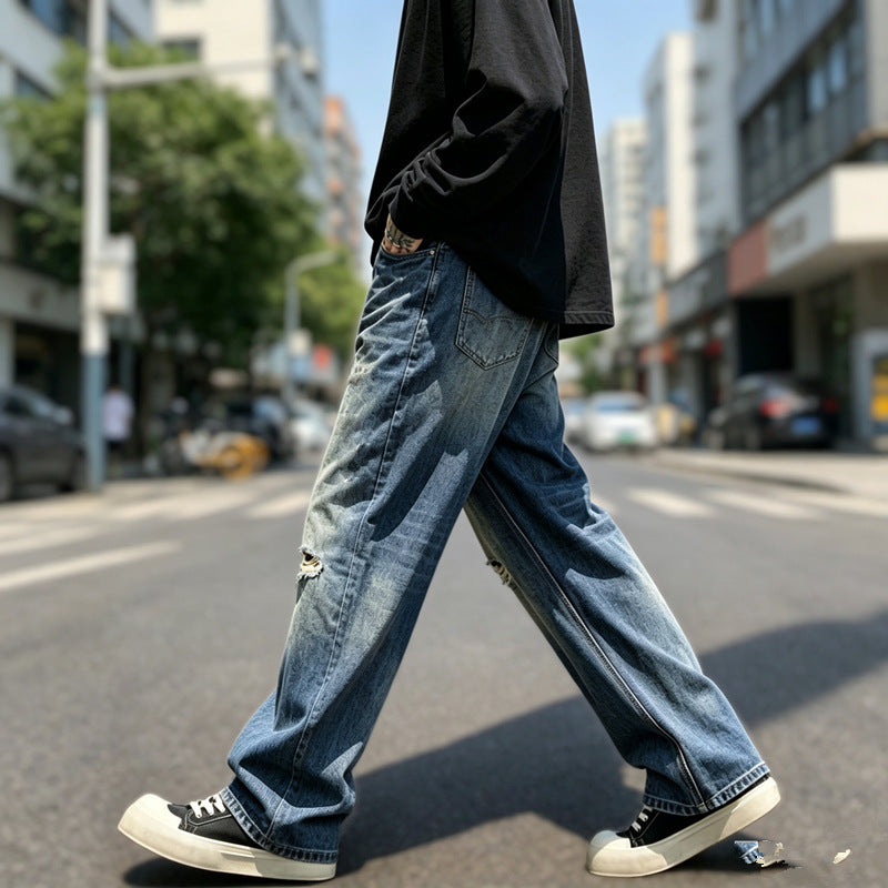 Men's Heavy-Distressed Washed Ripped Baggy Wide-Leg Streetwear Denim Jeans