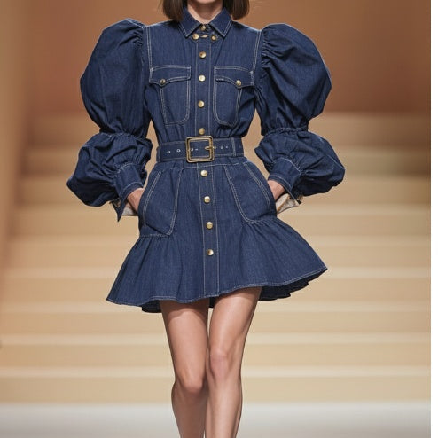 Puff Sleeve Belted Denim Shirt Dress Dark Blue Mini Silhouette